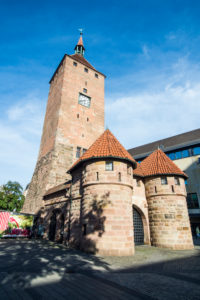 Weisser turm, white tower, in the pedestrian zone, Nuremberg, Bavaria, Germany Weisser turm, white tower, in the pedestrian zone, Nuremberg, Bavaria, Germany